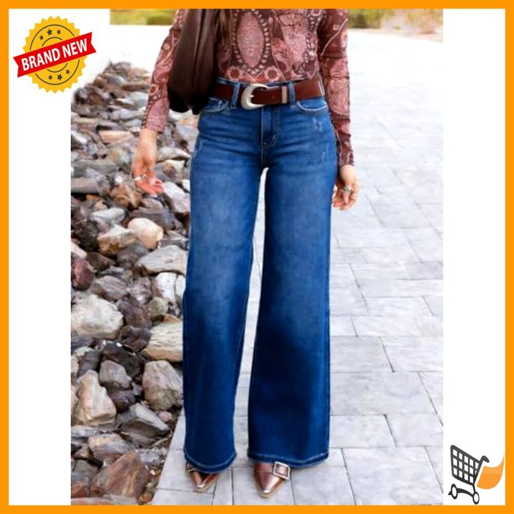 Wide Leg Baggy Jeans Mid Low Rise Stretchy Denim Women's Pants - Picture 3 of 7